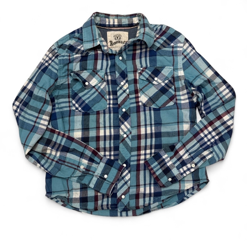 Vintage Sears Mens Blue Plaid Flannel Shirt Sz M Snap Button Cowboy Western